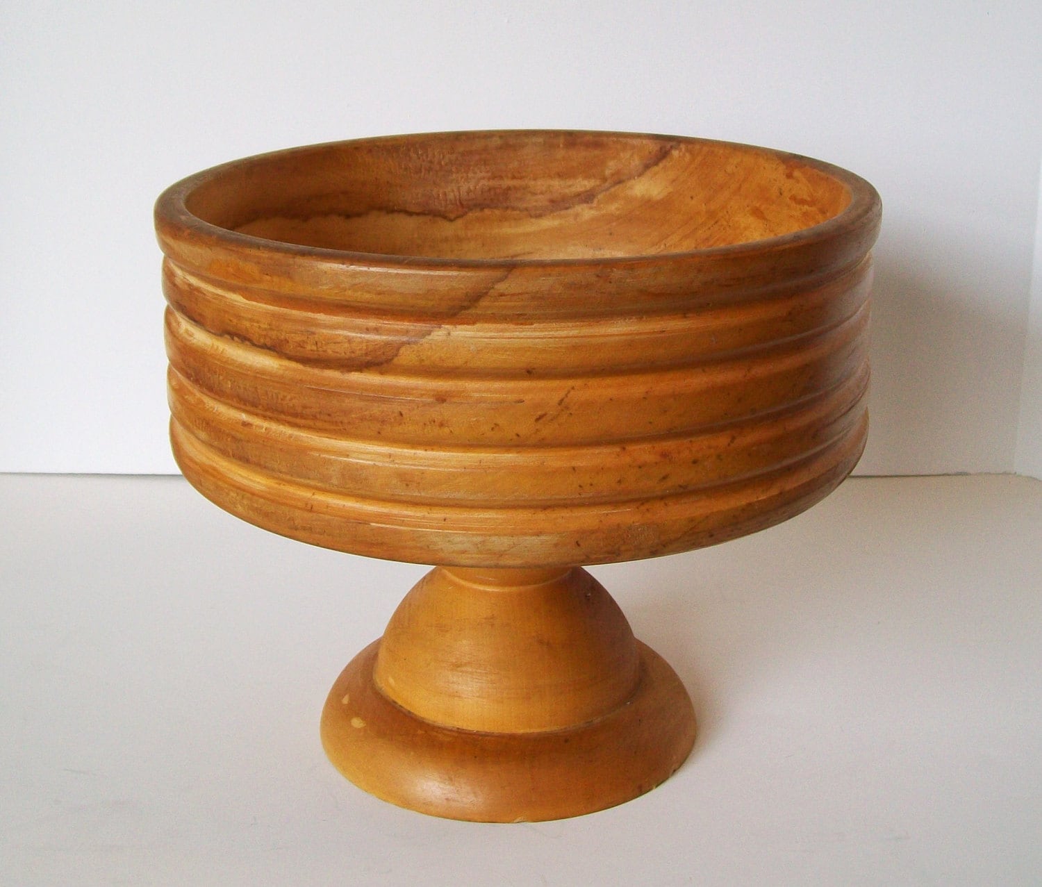 Vintage Large Wooden Bowl Pedestal Turned Light by pinkpainter