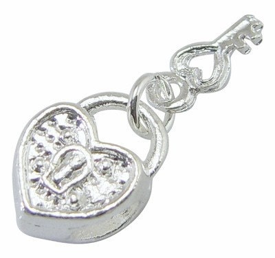 European Slide Dangle, Lock and Key Charm, Silver Color, 10x13.5x7mm, Side Hole: 4.5mm - 5 pcs