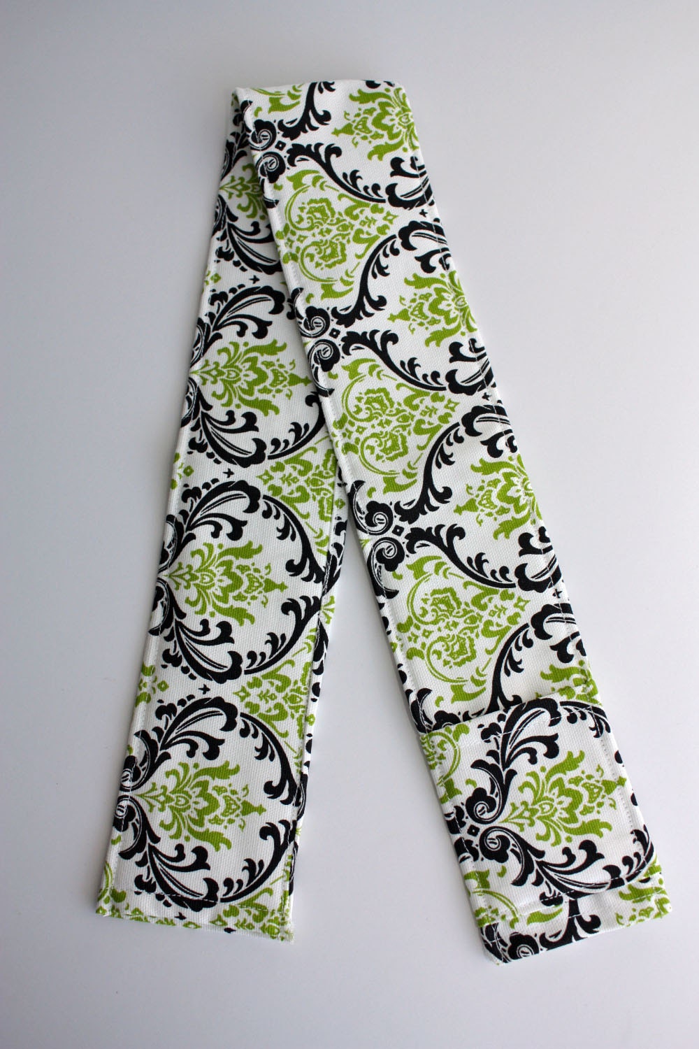 Camera Strap Cover - includes padding and lens cap pocket - Black Lime Damask