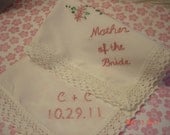 Wedding Handkerchief: mother of bride,groom,  set of 2, dusty rose/ simply elegant/hand embroidered/dated