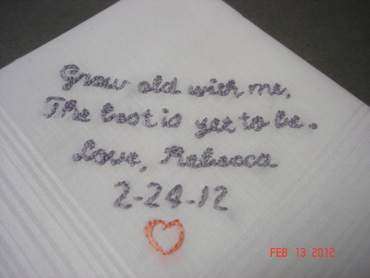 Bride to groom wedding handkerchief, groom gift, hand embroidered, wedding colors welcome/grow old with me