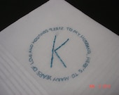 wedding handkerchief, bride to groom, groom handkerchief, message in a circle, monogram, hand embroidered, white hanky