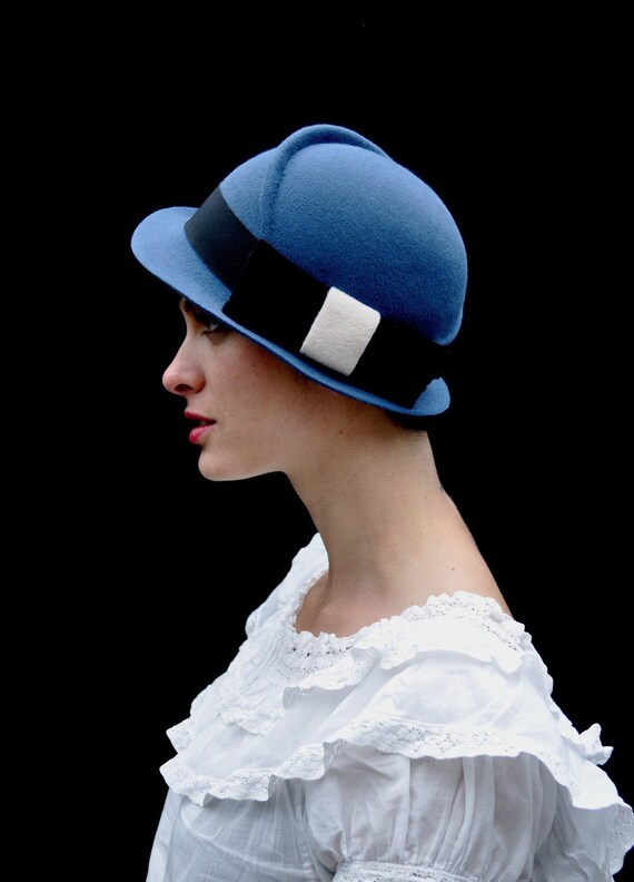 blue hat with black bow-made to order