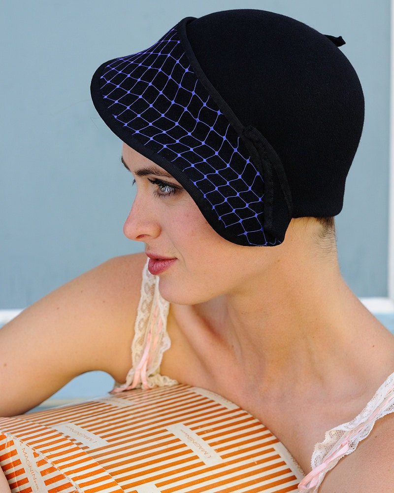Bon Voyage- black cap with vintager royal blue netting