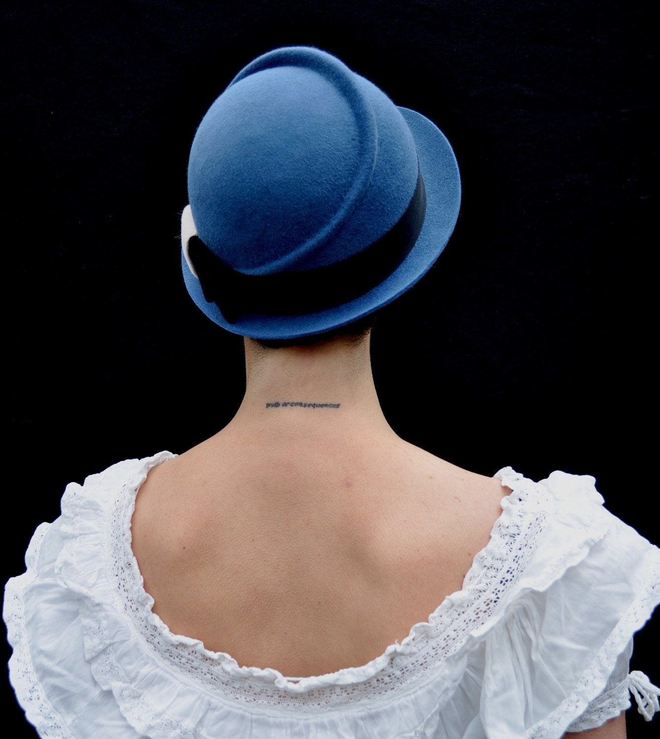 blue hat with black bow-made to order