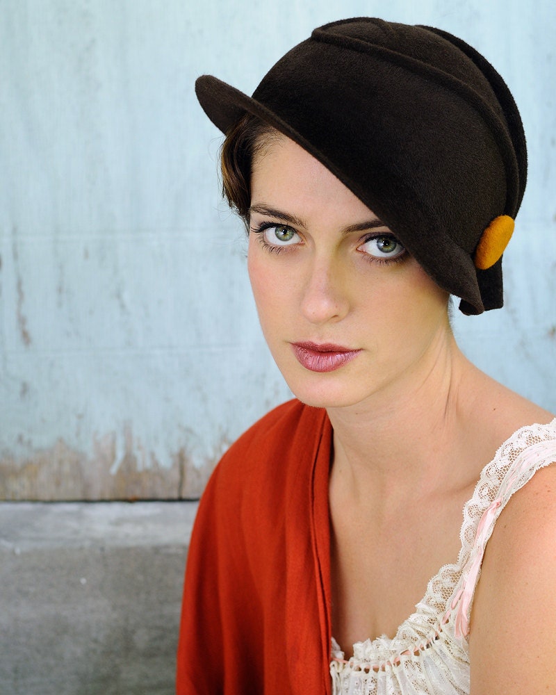 brown cloche with vintage gold button-made to order