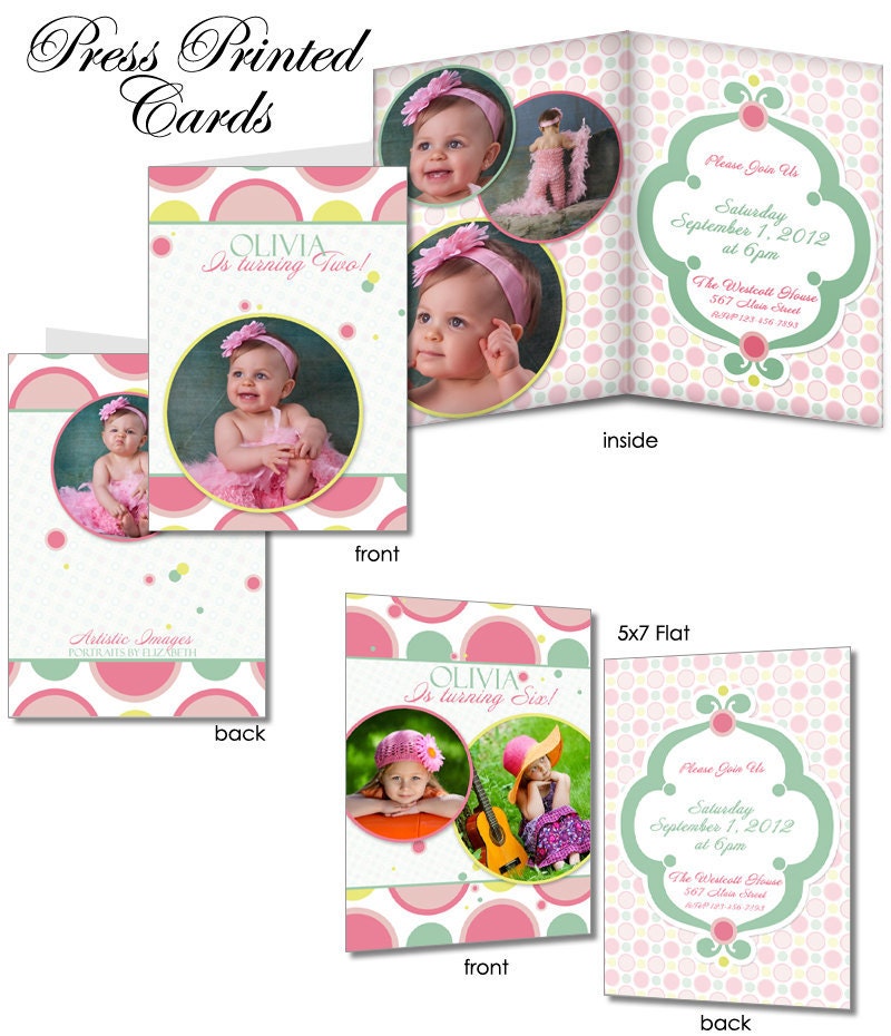 Birthday Invitation Templates - BUBBLE GUM PINK - 5x7 Flat & Folded Cards, Fully Customizable Photoshop Templates for Photographers.