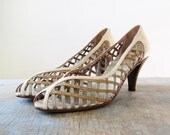 vintage metallic peep toe pumps / 1980s cage high heels / size  8.5