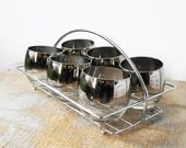SALE mad men glasses / silver roly poly cocktail set glasses with caddy  / vintage 60s barware