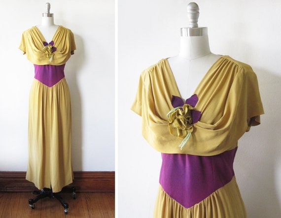 1930s dress / 30s gown / mustard yellow and purple dress
