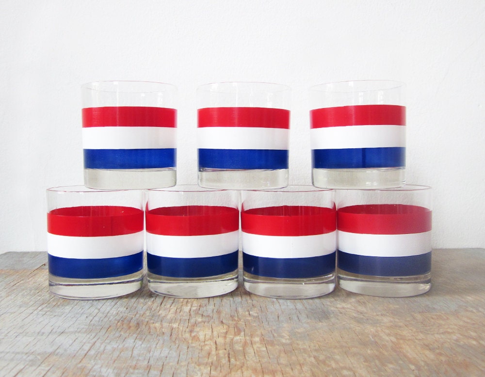 RESERVED vintage striped glasses  / red, white, and blue glasses / 60s barware