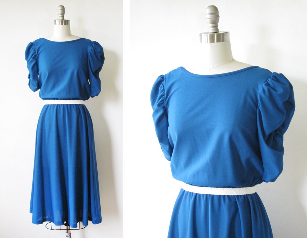 vintage blue dress / 80s party dress / ruched sleeves