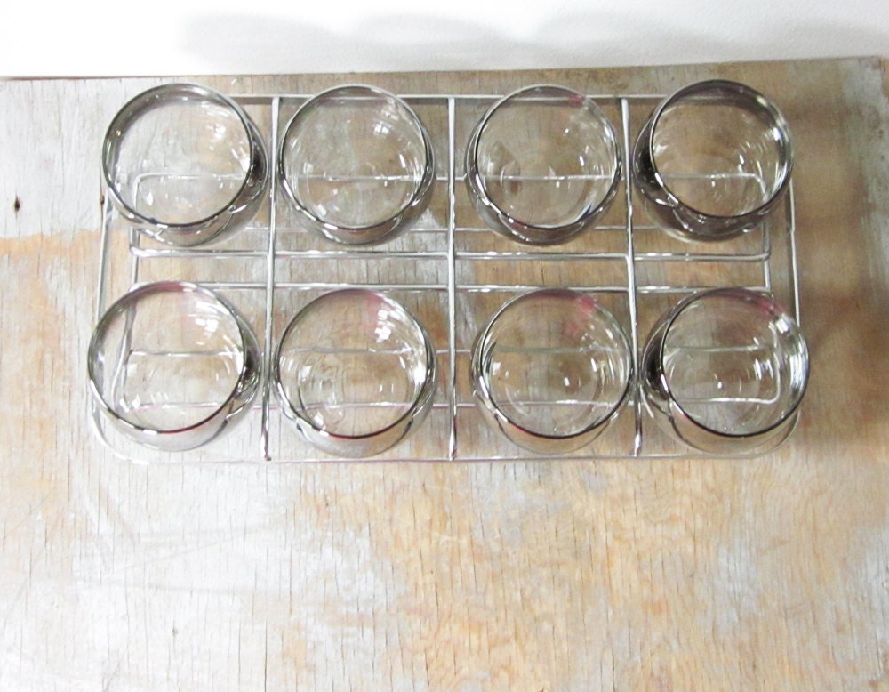 RESERVED until 10/27 mad men glasses with caddy / roly poly glasses / silver ombre cocktail glasses