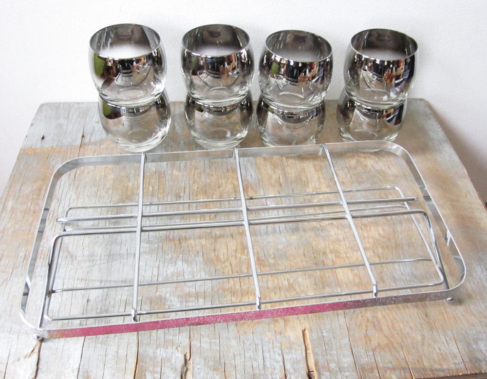 RESERVED until 10/27 mad men glasses with caddy / roly poly glasses / silver ombre cocktail glasses