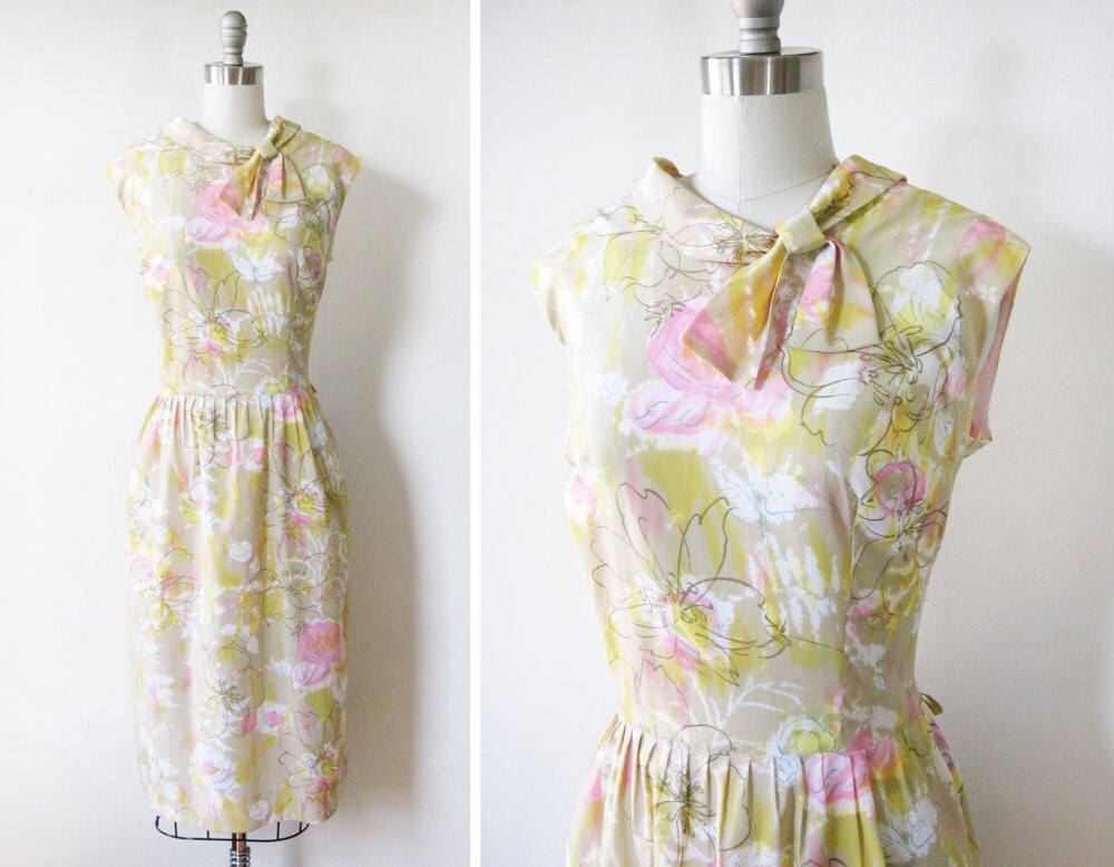 60s floral dress / vintage floral party dress / pink and yellow spring dress