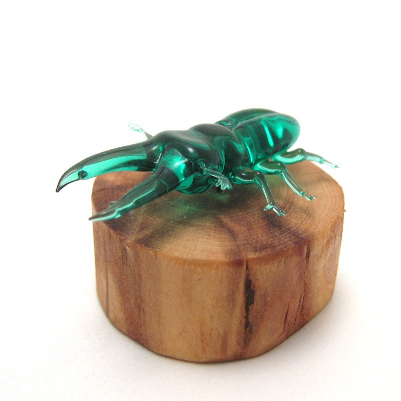 mini stag beetle mounted on cedar - lampwork glass insect figurine