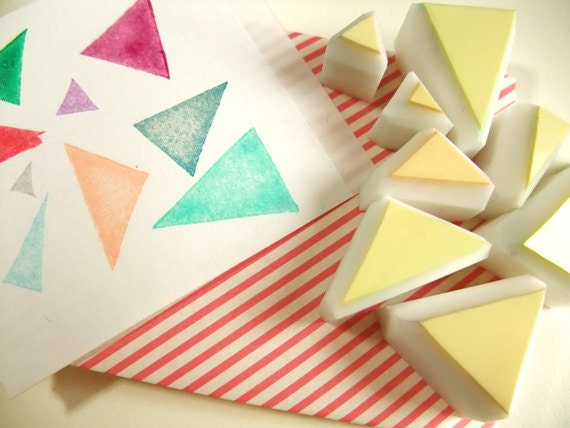 GEOMETRIC rubber stamp. hand carved rubber stamp. handmade rubber stamp. simple triangles. set of 9.