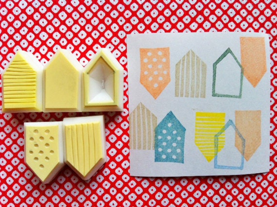 geometric hand carved rubber stamp. hand carved stamp. abstracted house stamps. set of 5.