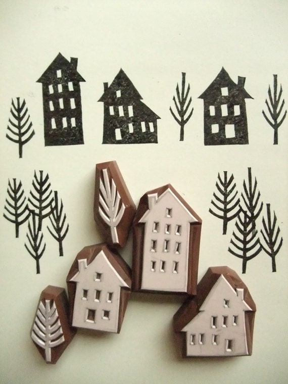 WINTER STREET. hand carved rubber stamp. set. 3 houses. 2 trees. any seasons. handmade