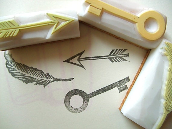 treasure rubber stamps. hand carved rubber stamp. hand carved stamp. key/feather/arrow. set of 3. mounted.