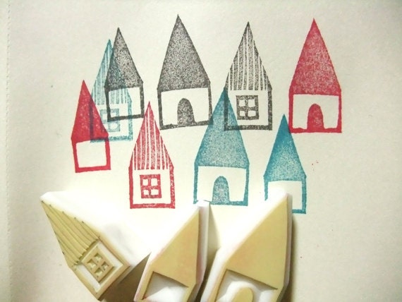 HOUSES hand carved rubber stamp - hand carved stamp - handmade - set of 3