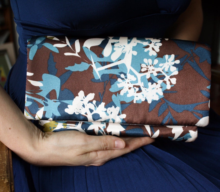CLEARANCE - 30% Off - Floral Clutch Handbag in Brown, Blue and White Floral READY to SHIP