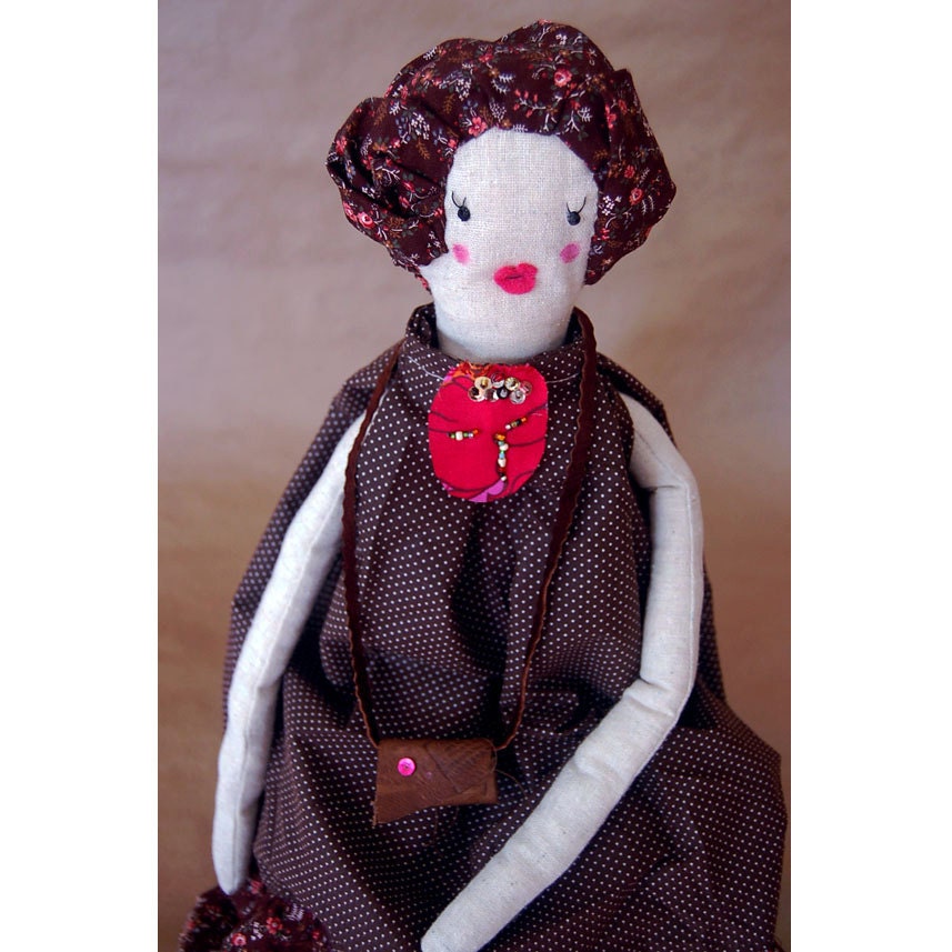Cloth Doll Ragdoll Handmade OOAK Soft Plush Art Prim Doll Brown Maxi Dress SABINE