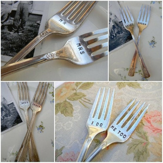I Do Me Too Wedding Forks. Hand Stamped Vintage Wedding Reception Fork Set.
