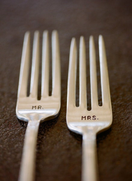 Mr Mrs Wedding Fork Set Hand Stamped Vintage Flatware Featured on Style Me Pretty 3.2012
