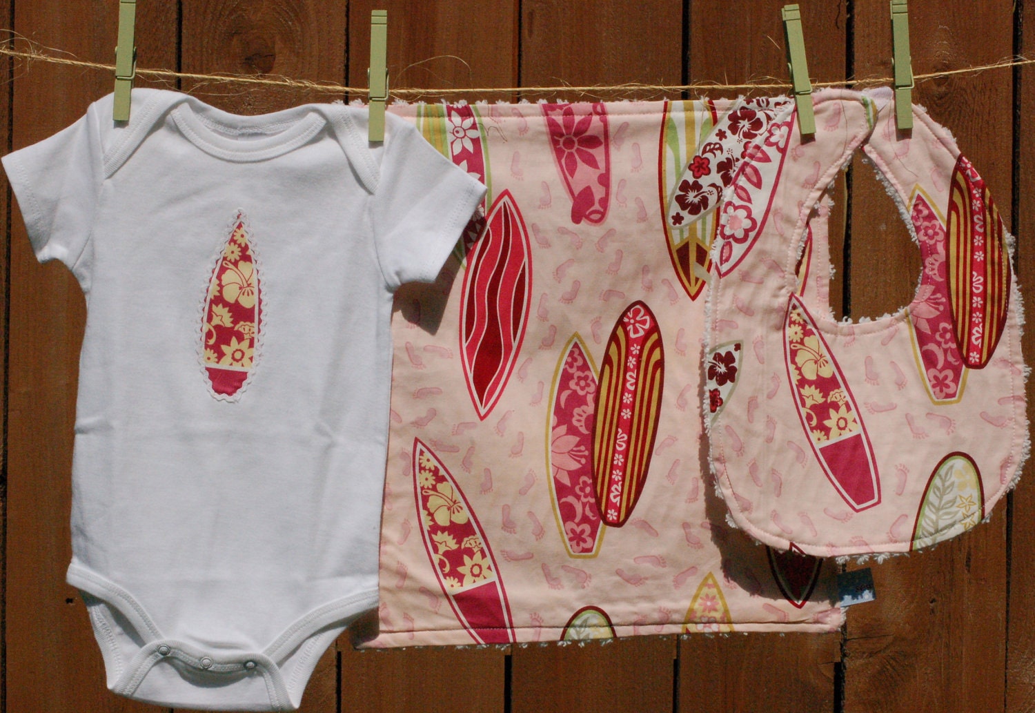Pink Surfboard Baby Gift set - 3 pieces include bib, burp cloth, onesie (available in sizes Newborn - 24 months)