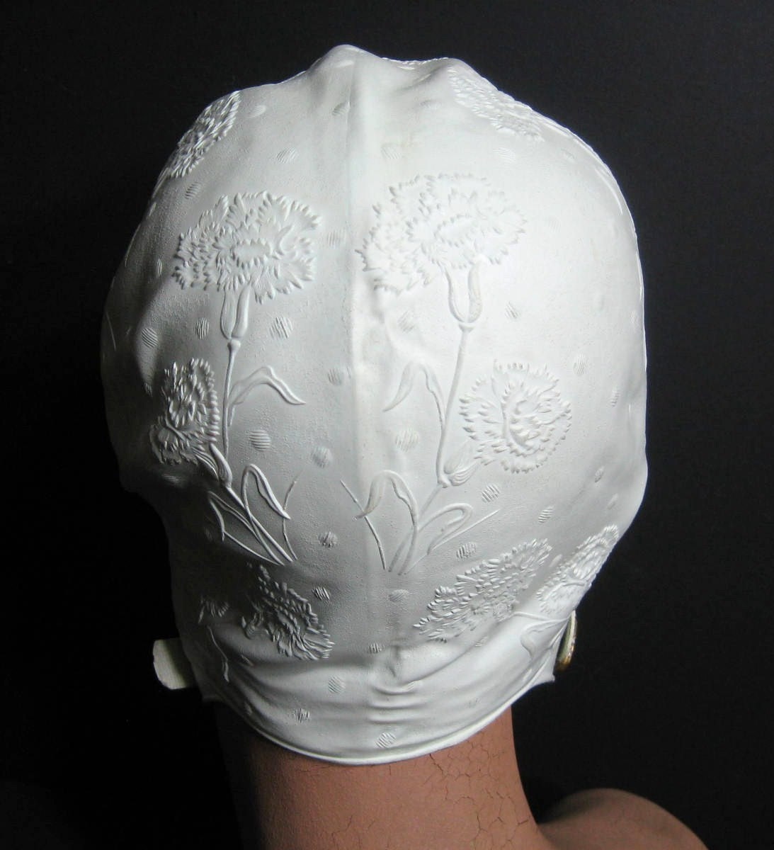 50s 60s Swim Cap With Chin Strap White Embossed Floral Vintage