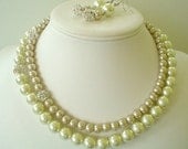 Ivory and Champagne Pearl with Rhinestones Two strand Beaded Bridal Necklace Set