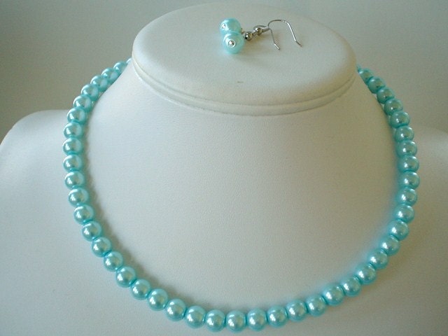 Single Strand Tiffany Blue Pearl Beaded Necklace and Earring Set    Great Brides or Bridesmaid Gifts