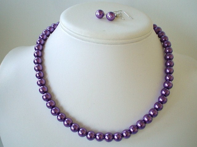 Single Strand Dark Purple Pearl Beaded Necklace and Earring Set    Great Brides or Bridesmaid Gifts