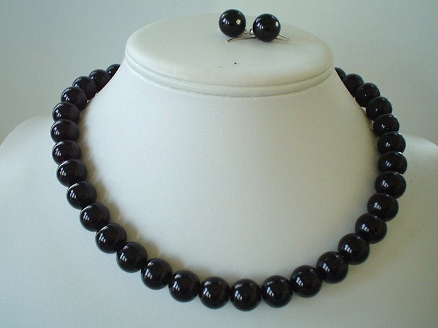 Chunky Black Glass Pearl Beaded Necklace Set     Great for Bridesmaid Gifts