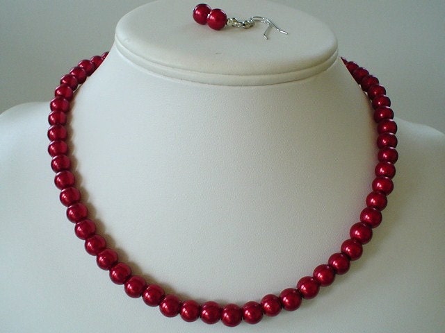 Single Strand Dark Red Pearl Beaded Necklace and Earring Set    Great Brides or Bridesmaid Gifts
