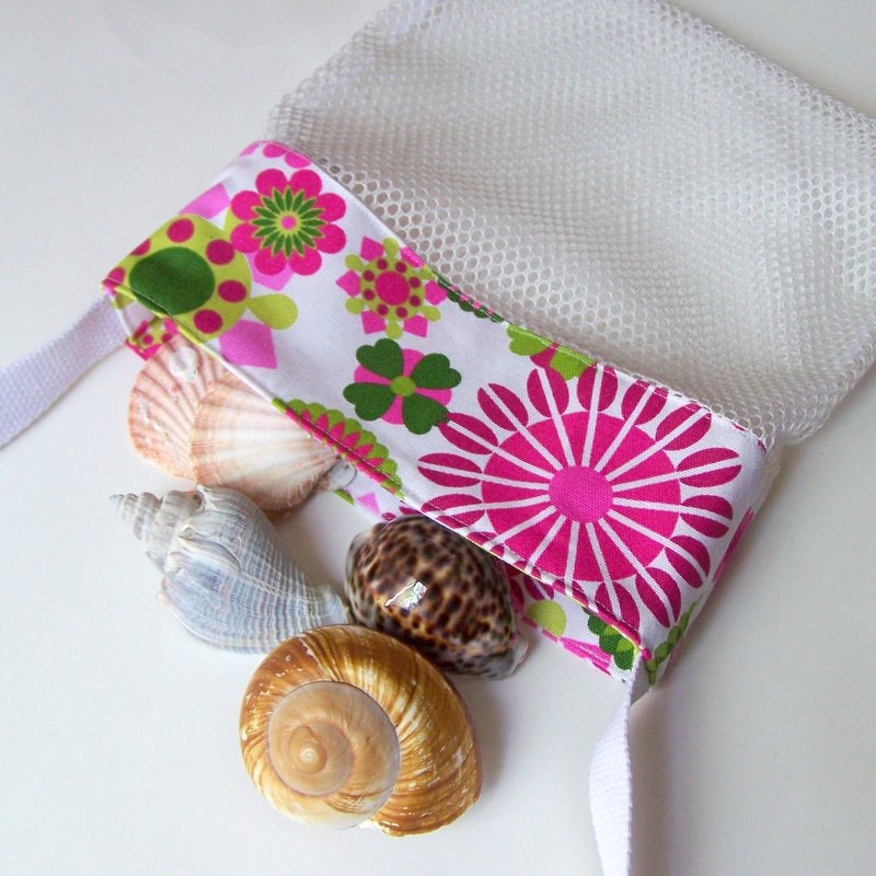 Mesh Beach Bag - Pink Floral - Shell Collecting Bag - Youth or Adult Size