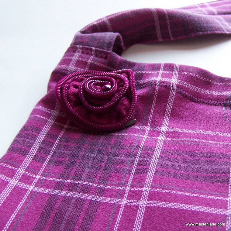 Shoulder Tote - Unique Upcycled Sweatshirt - Purple Pink Plaid
