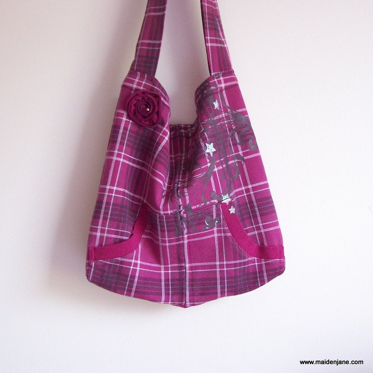 Shoulder Tote - Unique Upcycled Sweatshirt - Purple Pink Plaid