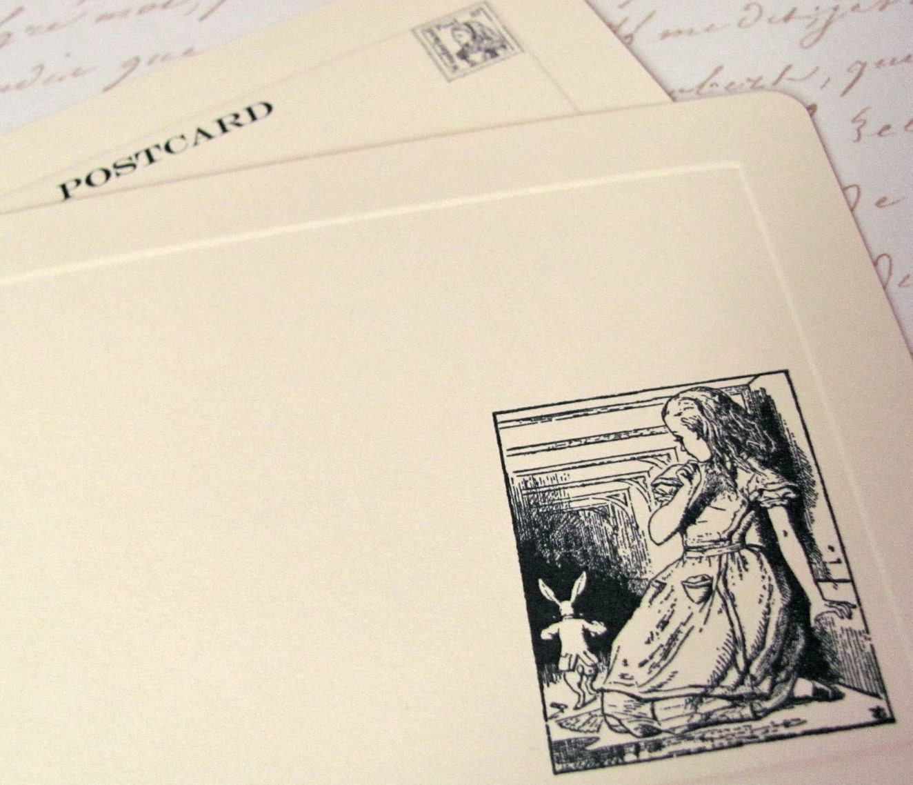Alice In Wonderland Hand Stamped Postcard Set Of Five (Alice and the White Rabbit) With Envelopes