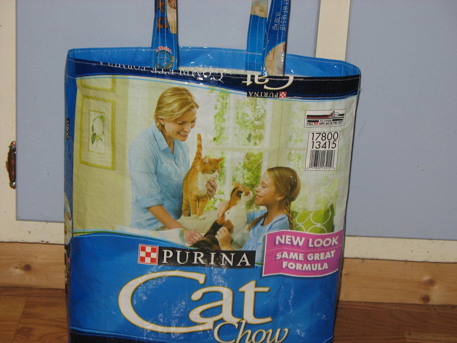 Upcycled Reusable market grocery tote bag for cat lovers