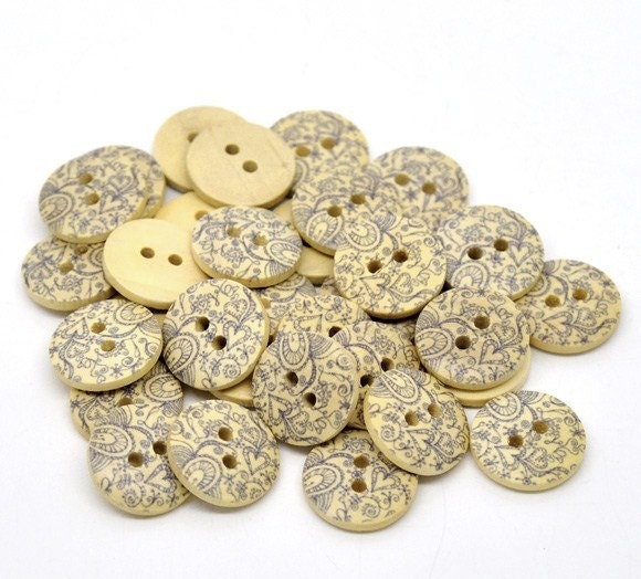 Wooden button - Blue Heart Pattern 2 Holes Wood Sewing Buttons Natural Color 18mm - set of 12  (BB115)