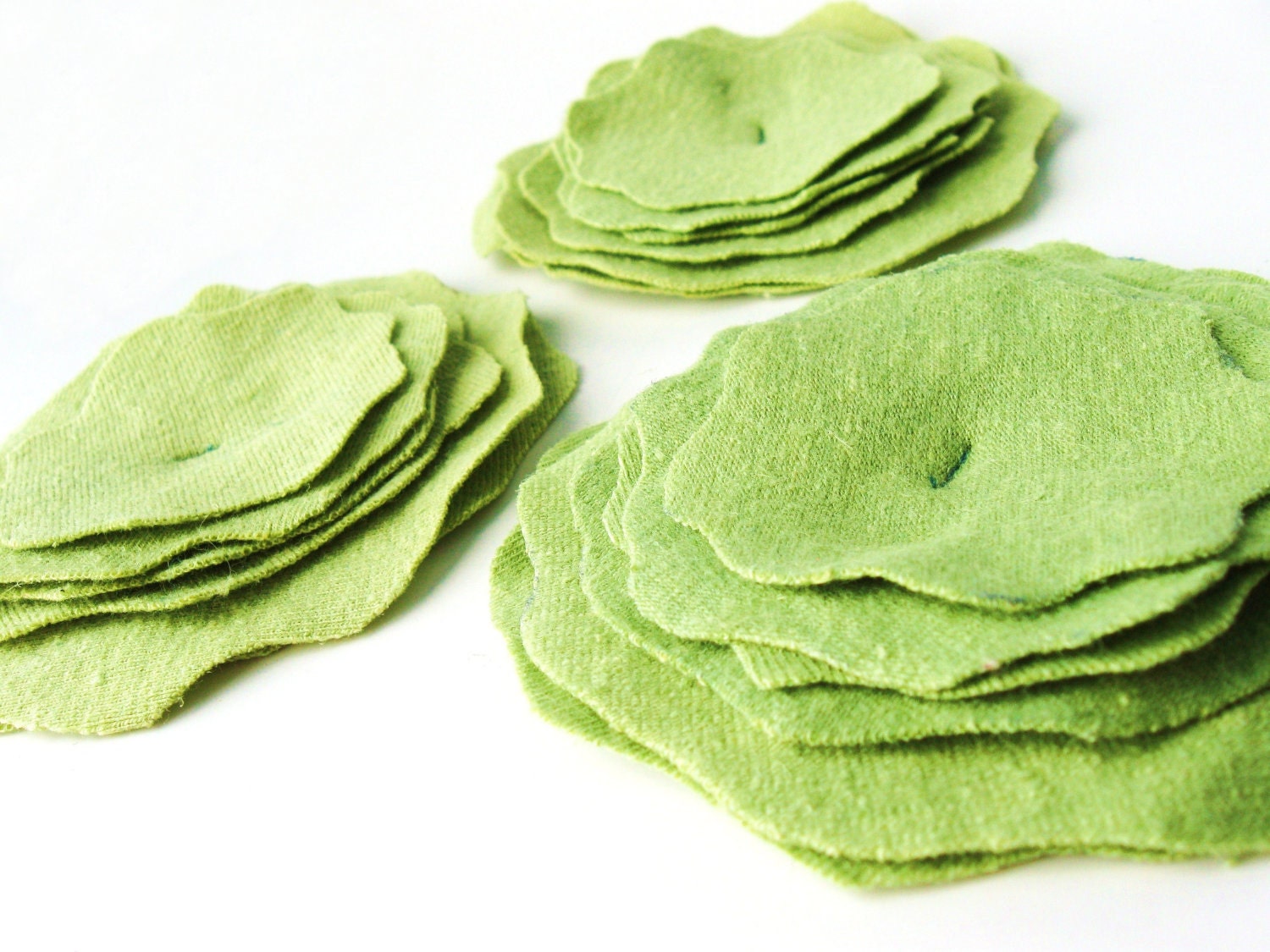 Eco Friendly Flowers embellishment appliques - Set of three - Apple Green organic cotton and hemp