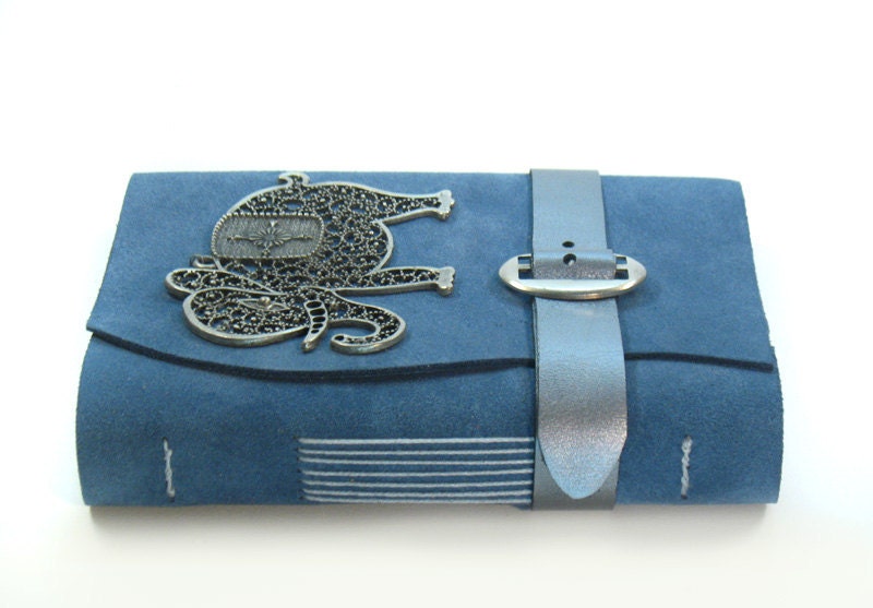 Blue Silver Baby Elephant Journal - Handmade Leather Notebook