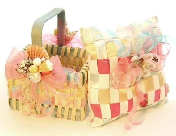 Flower Girl Basket & Ring Bearer Pillow Set, Seashells and Multi Color Woven Wicker and Satin,SPRING SALE...20% OFF