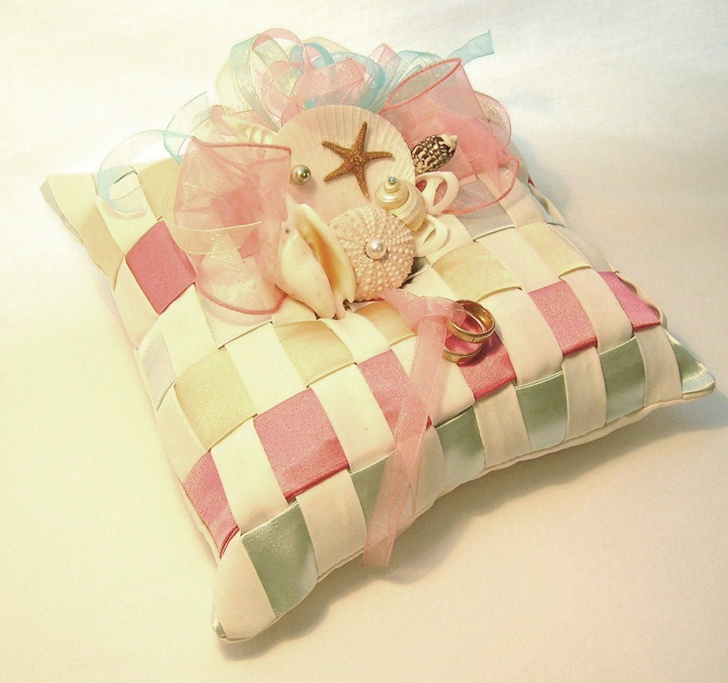 Flower Girl Basket & Ring Bearer Pillow Set, Seashells and Multi Color Woven Wicker and Satin,SPRING SALE...20% OFF