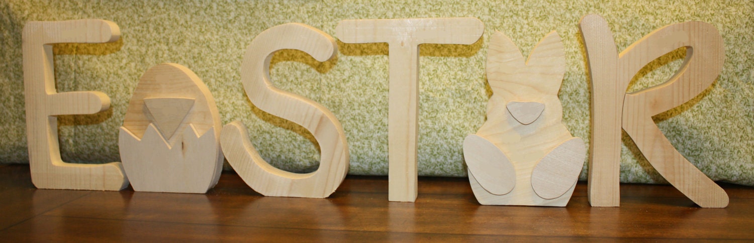 UNFINISHED  Easter wood letters with chick as the "A" and rabbit as the "E".