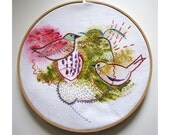 Two Birds Embroidered on Painted Cloth