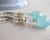 Aqua Blue Chalcedony, Moonstone and Pearl Sterling Silver Earrings