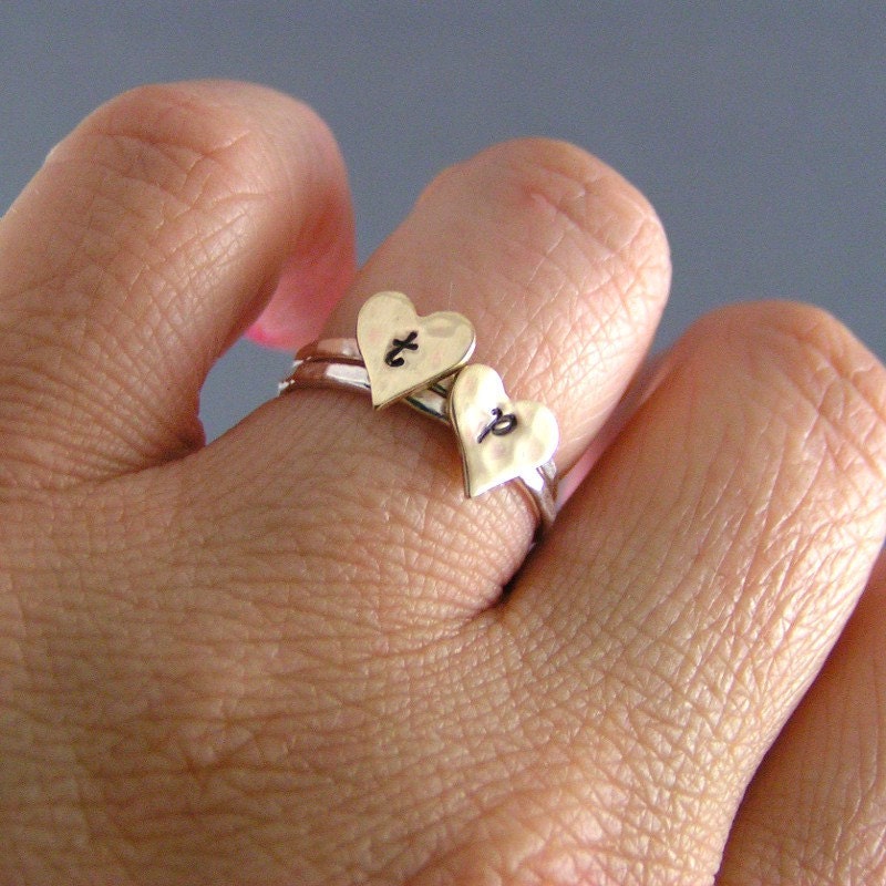 Initial Heart Rings, Sterling Silver And Brass Textured Heart Initial Rings, Set Of 2 rings